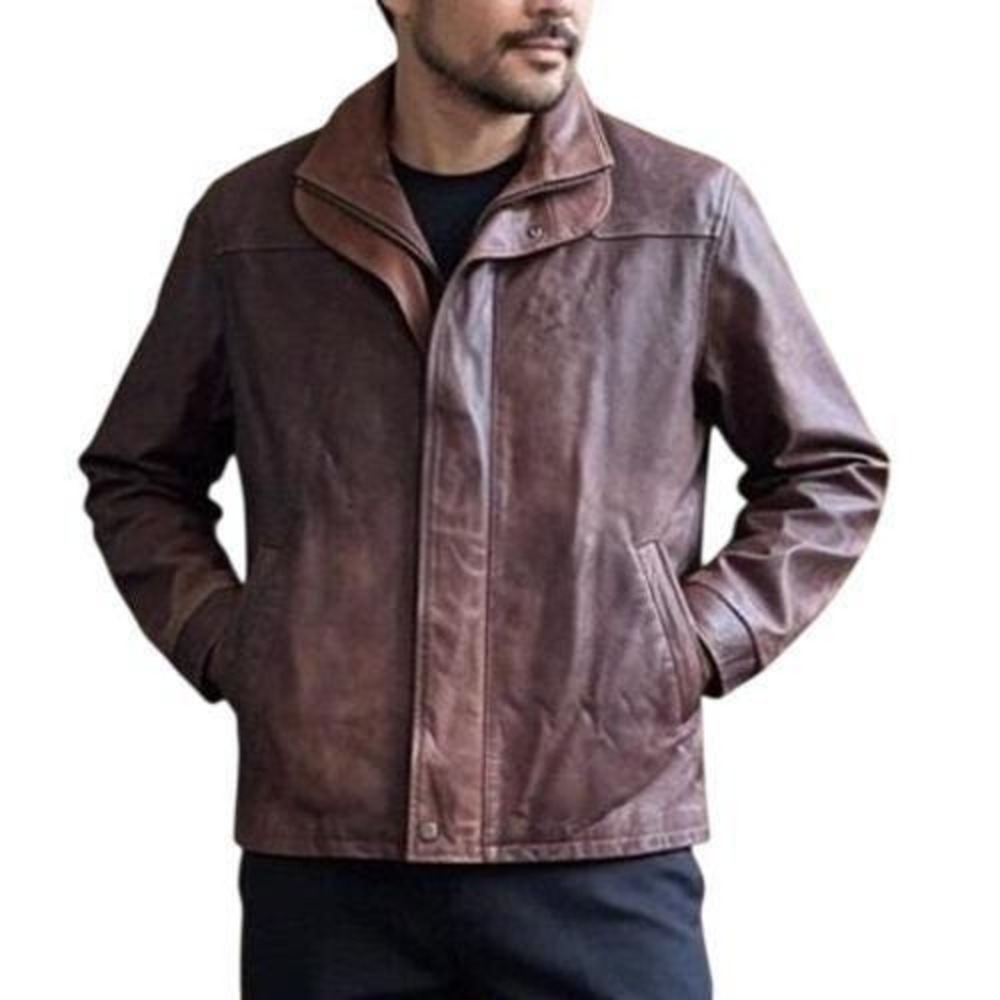 Vintage Remy Leather Men's Double Collar Lambskin Bomber Jacket Chocolate/Maroon
